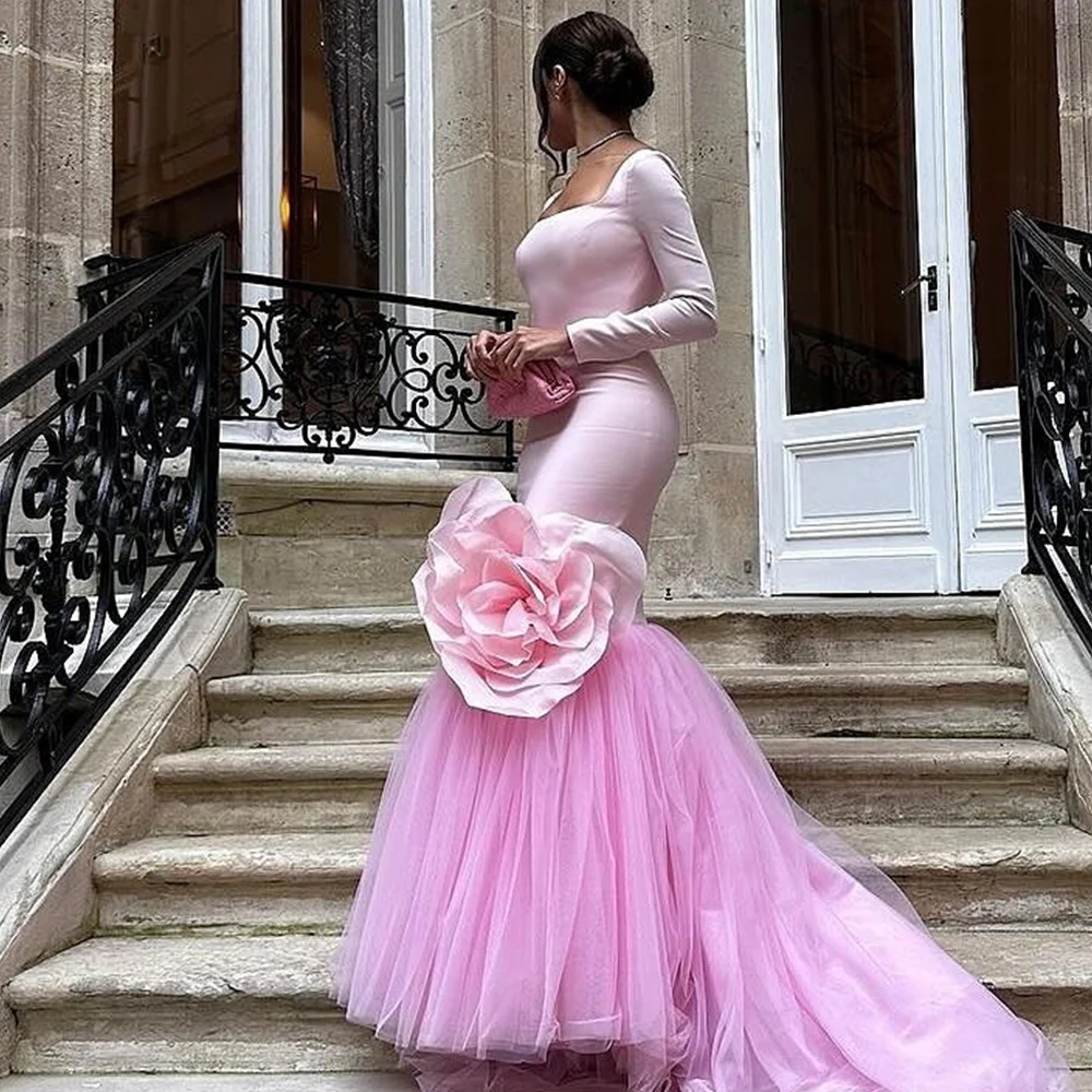 

Exquisite Sorority Formal Gowns Jersey Mermaid/Trumpet Graduation Dress Pink Square Neck 3D flowers Homecoming Sweep Train Gown