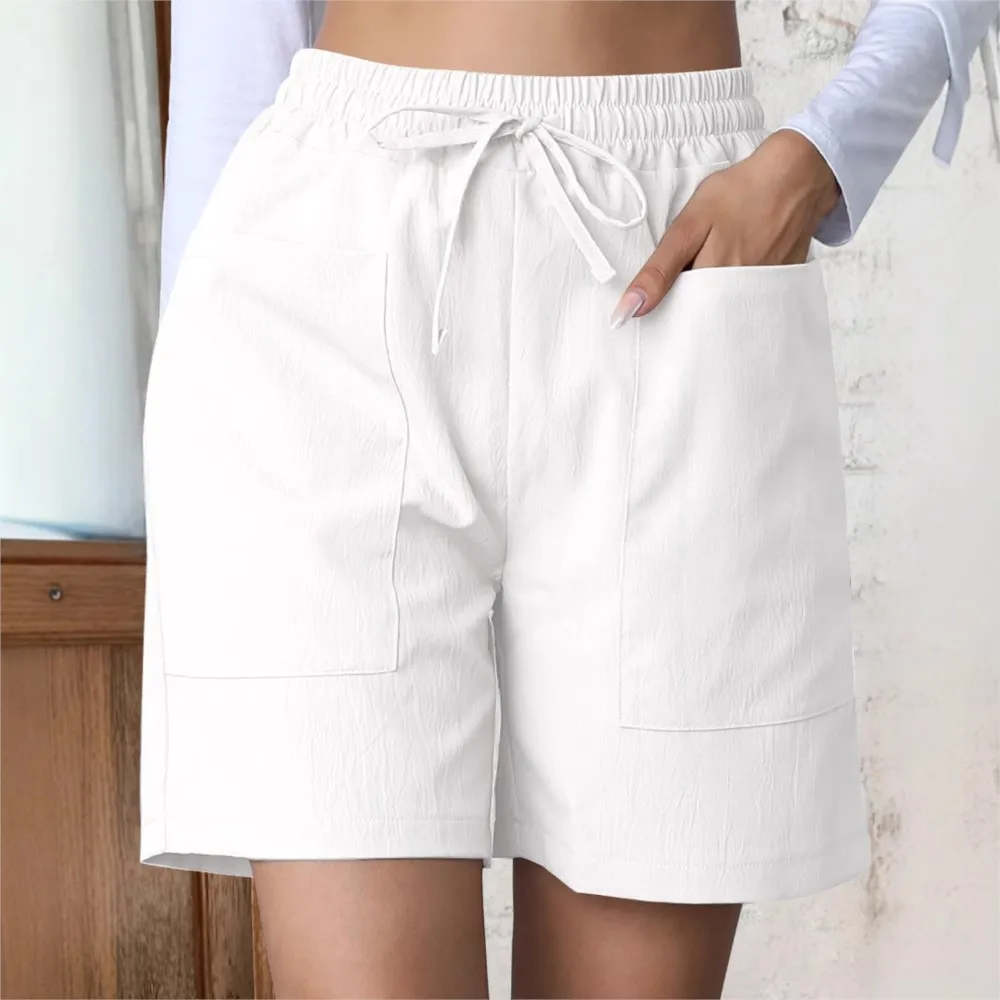 

Женские брюки, новинка лета 2025 года, свободные льняные повседневные шорты с карманами, однотонные широкие брюки с высокой талией для женщин