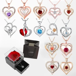 Luxury Zircon Necklace WIth Rose Flower Gift Box For Girlfriend Mom Friend 2024 New Fashion Valentine Mother Day Christmas Gifts