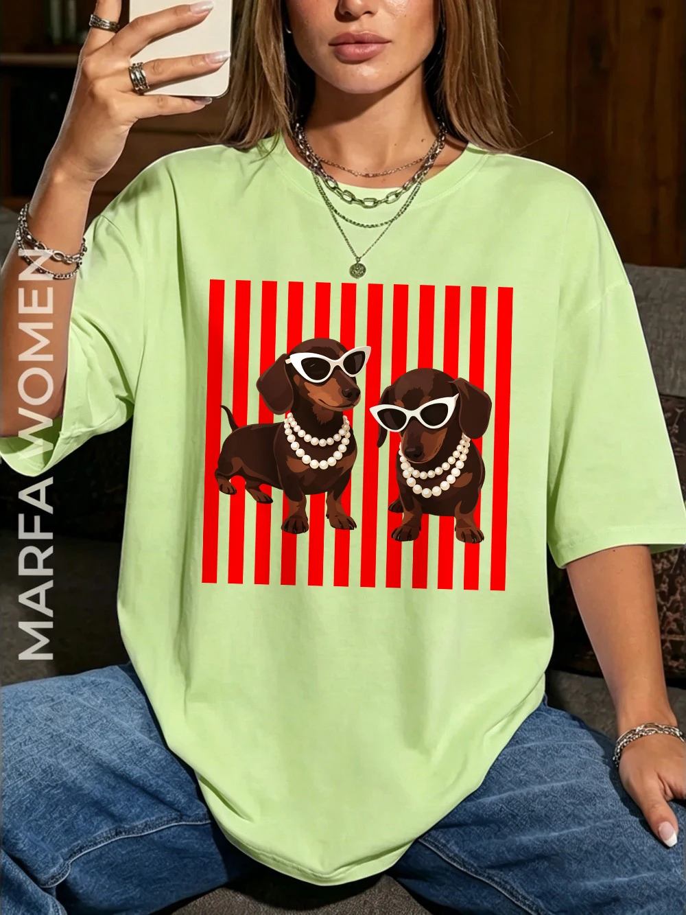 Pearl Dachshund Hundemotiv T-Shirts Baumwolle Damen Sommer Kurzarm T-Shirt Lässige Weiche Oversized Tops Basic O-Ausschnitt Kleidung – Detail 17