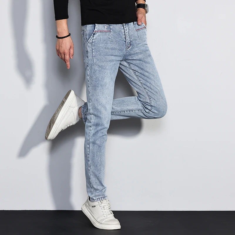 جديد الرجال الجينز سليم صالح تمتد مستقيم خمر العصرية الدنيم السراويل الكورية غسلها لينة تنوعا موضة بنطلون الشارع الشهير