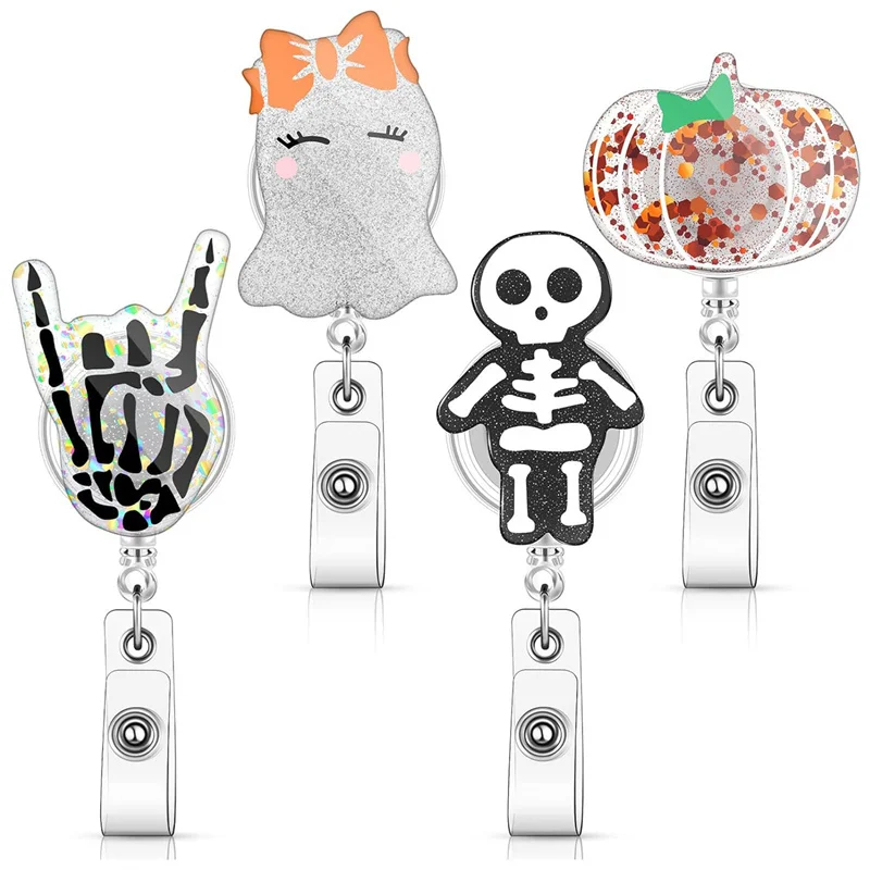 Halloween Badge Reel Acrylic Glitter Halloween Finger Skull Pumpkin Black Cat Retractable Rotating Elastic Badge Holder