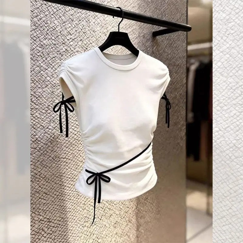 Bow Lacing Patchwork Slim Pleated Korean Tops Summer Short Sleeve Solid Simplicity Trend T Shirts Fashion Sweet Women Clothing