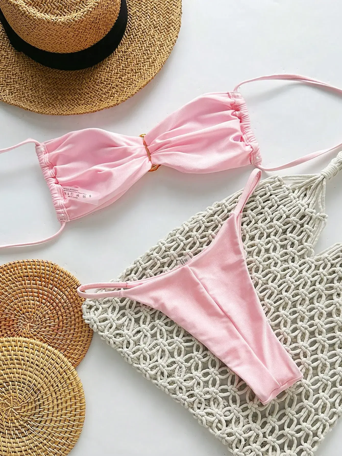

Pink Strapless Tie Up Metal Decor Bikini Set For Women Summer
