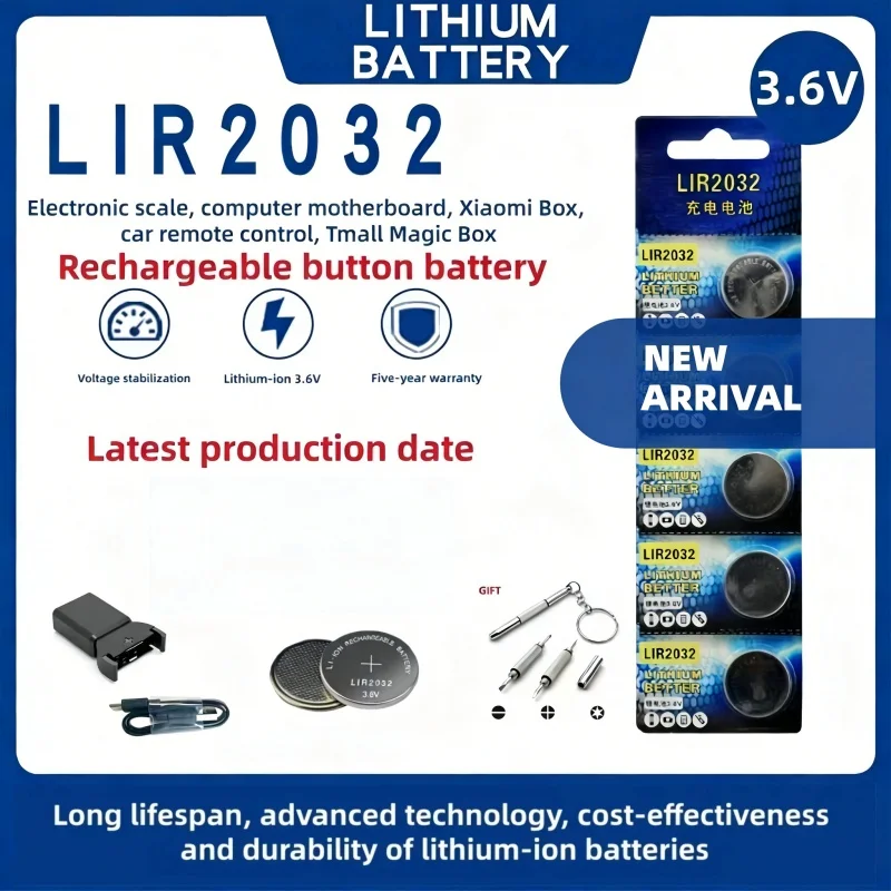 

Rechargeable Battery LIR2032 3.6V Replacement CR2032 Lithium Ion Battery 40mAh Lithium Cell Coin Batteries