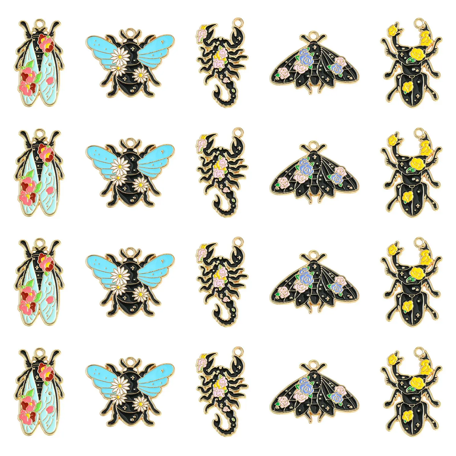 

20Pcs 5 Styles Enamel Insect with Flower Charms Beetle Scorpion Butterfly Cicada Bee Animal Charms for Jewelry Making DIY