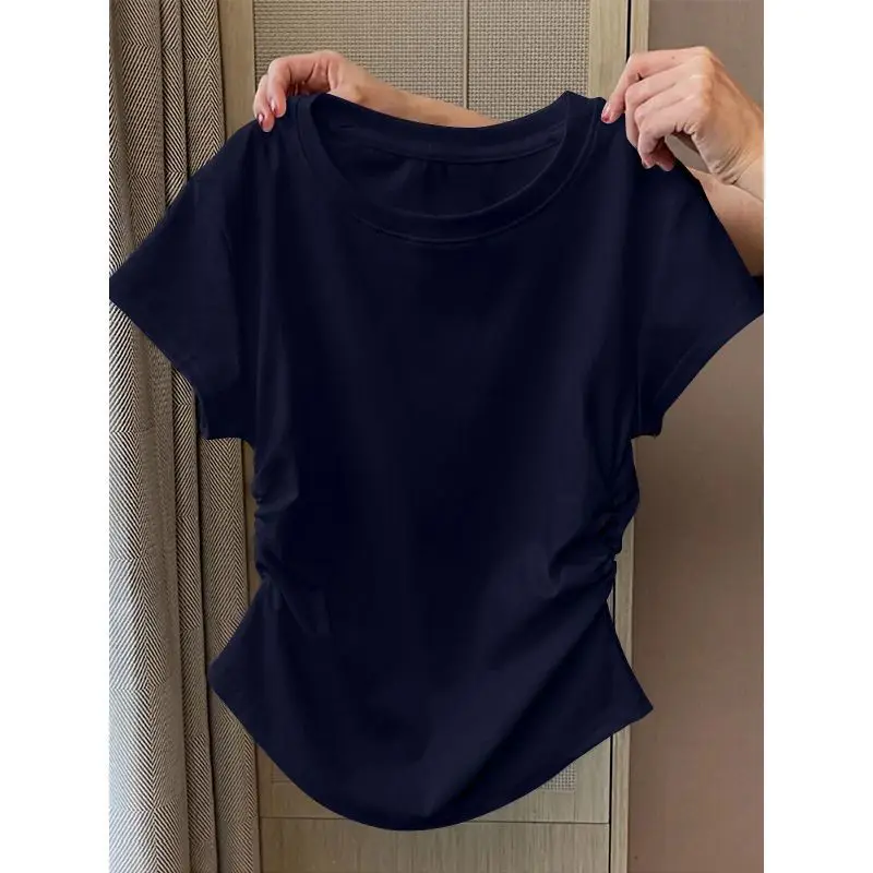 Y2K T Shirt Women Waist Gathered Slim Fit Short Sleeve Solid Color Summer Casual Streetwear Korean Fashion Vintage Women Clothes