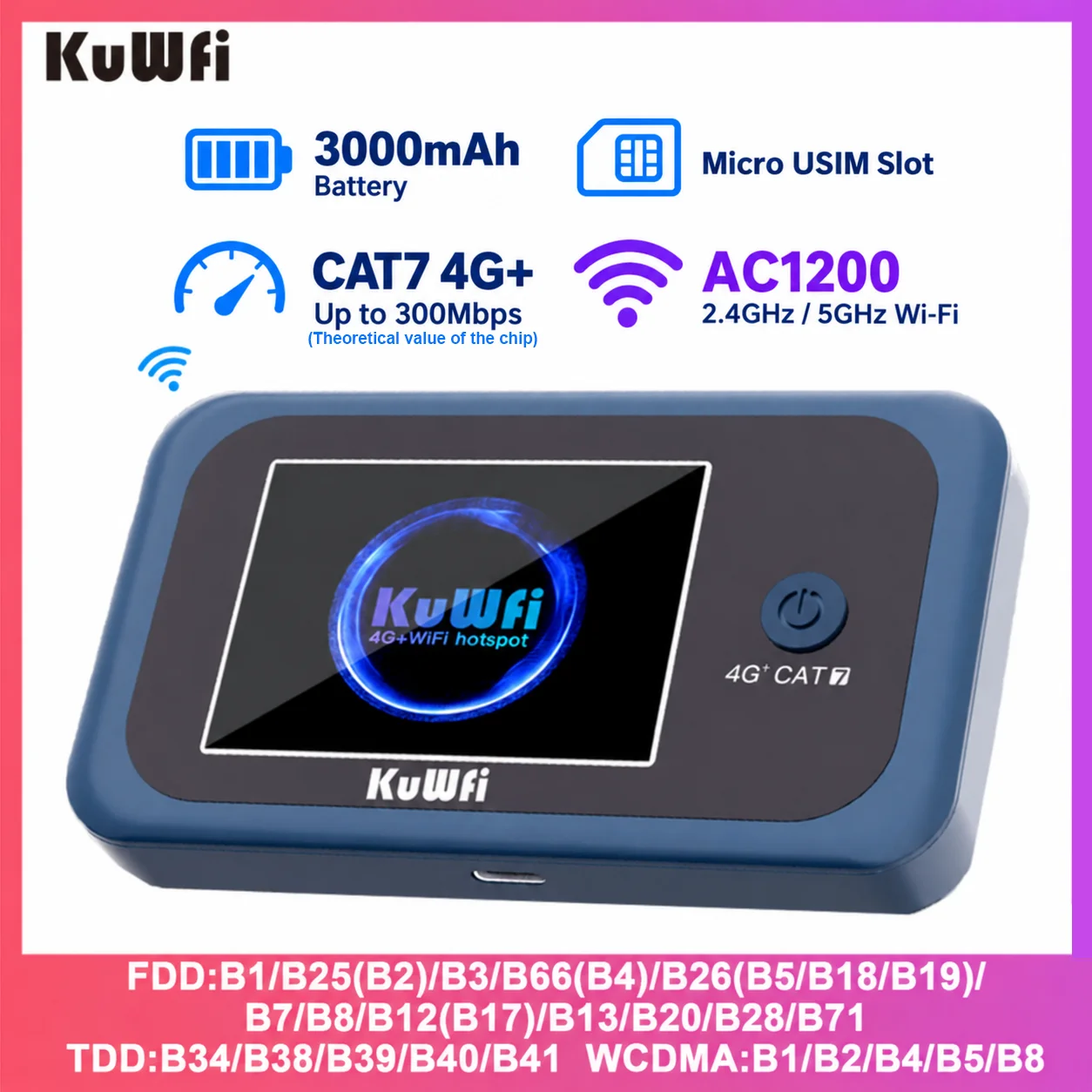 KuWFi CAT7 4G+ LTE Router AC1200 2.4G 5G Single WiFi Portable Travel 4G Mobile Modem 3000mAh Battery 10 Users with USIM Slot