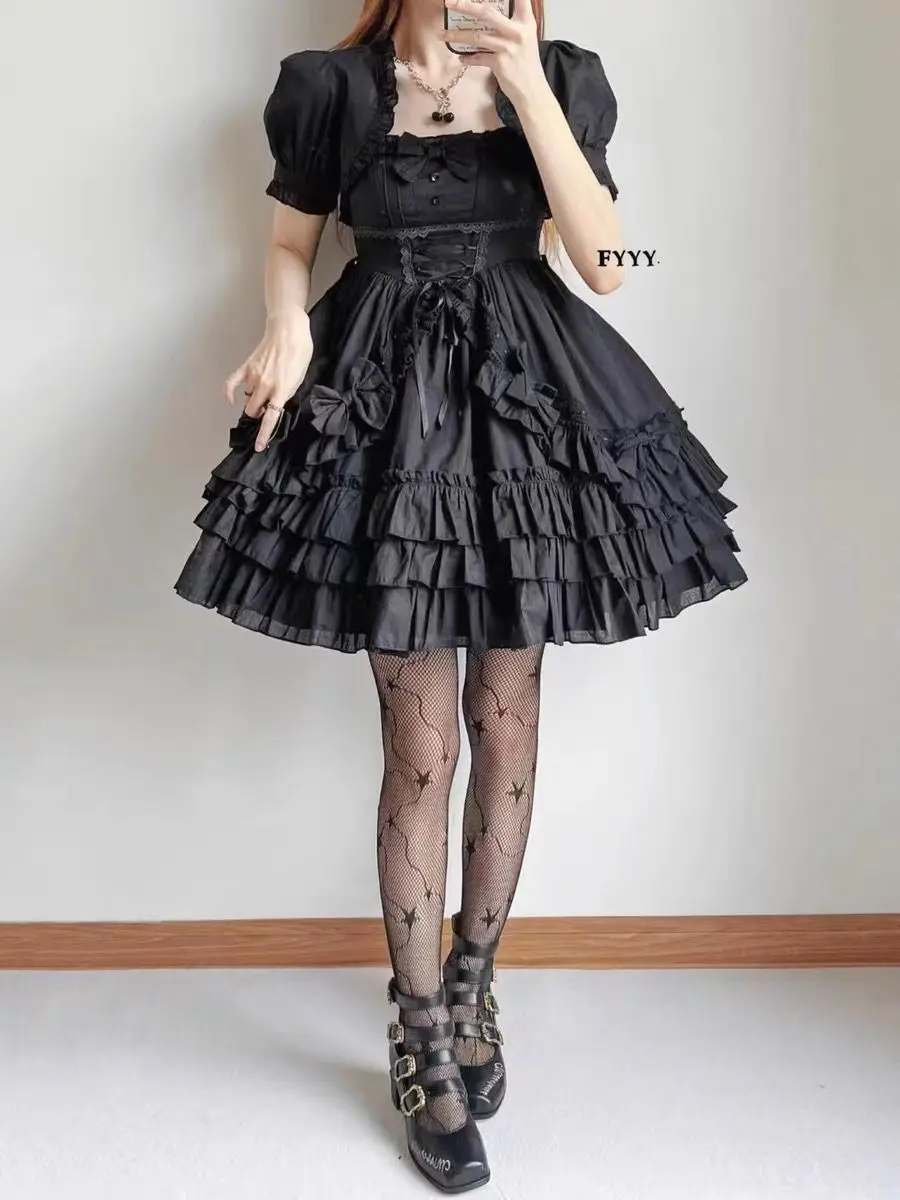 Bow Princess Patchwork Panekked Women Mujer Short Lace Up Spice Girls Cake Vestidos Fairycore Harajuku Japanese Soft Dresses