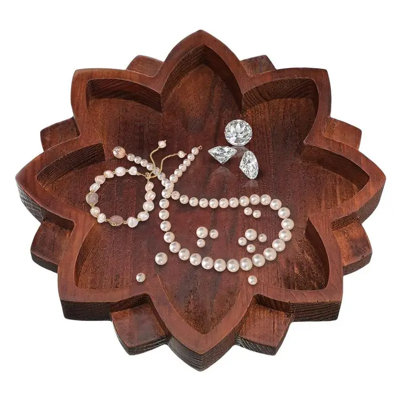 Wooden Lotus Tray Lotus Shape Crystal Stone Holder Crystal Display Tray with Bottom Non-Slip Pad for Aromatherapy Oils Jewelry