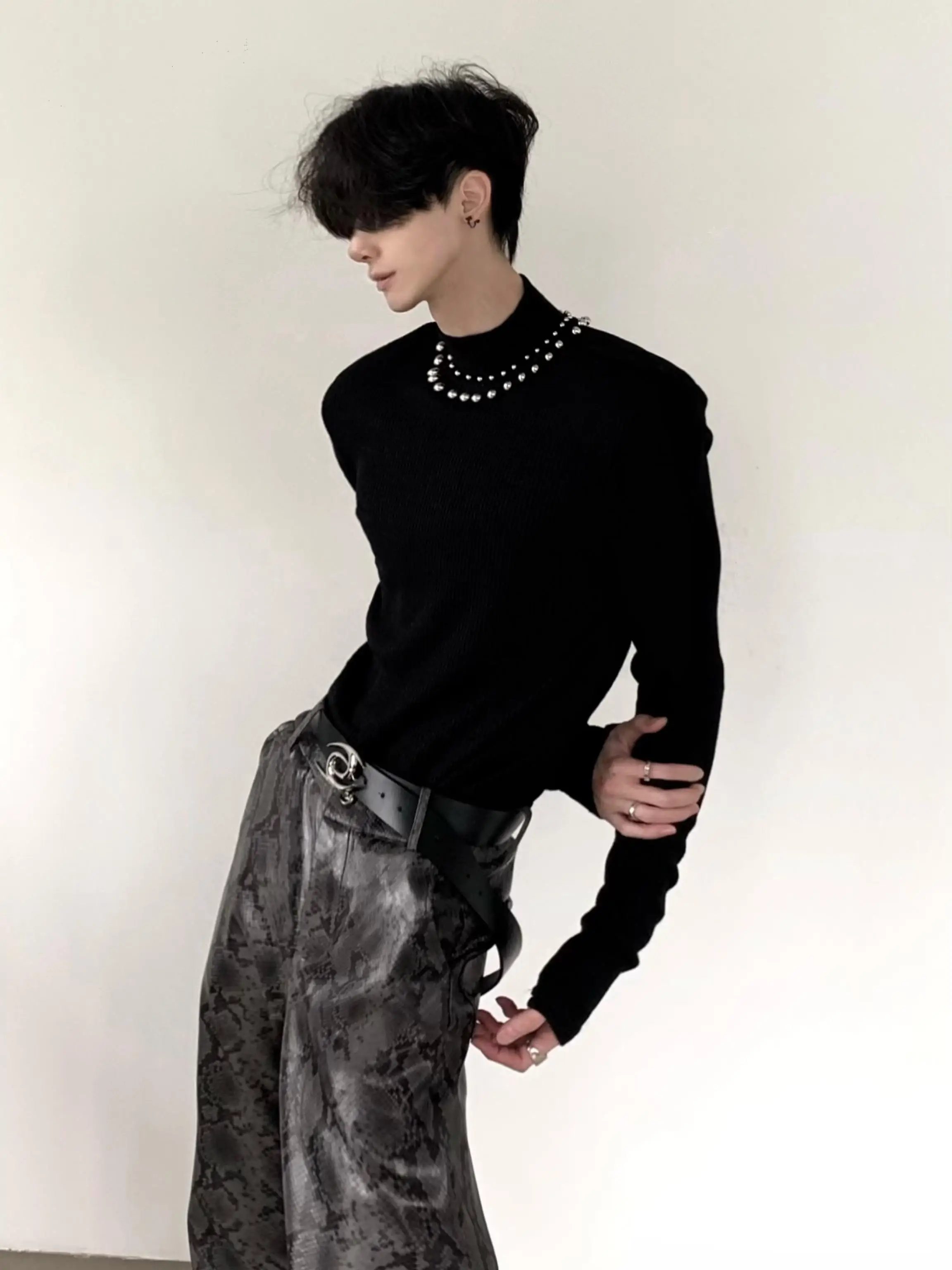 Autumn Mountain Wind  Brand Men's Base Shirt Half High Collar Padded Shoulder Long Sleeve Black Inner Wear T-Shirt