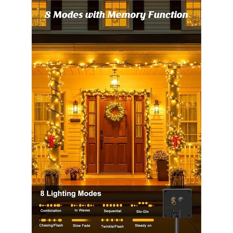 ABWZ-Auto On/Off Solar Powered String Lights, 200 LED Outdoor Waterproof 2 Pack With 8 Modes(Warm White)