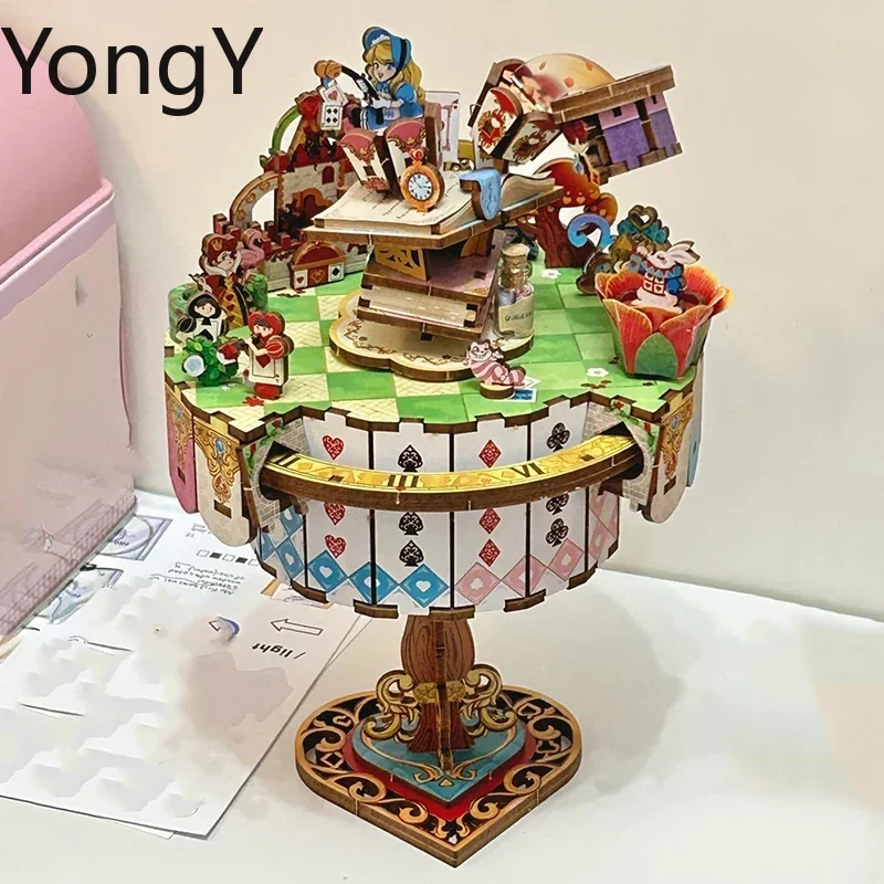 Alice Tea Party Music Box DIY Wooden 3D Puzzle Model Building Kits with Rotating Table Princess Gift for Girls Birthday
