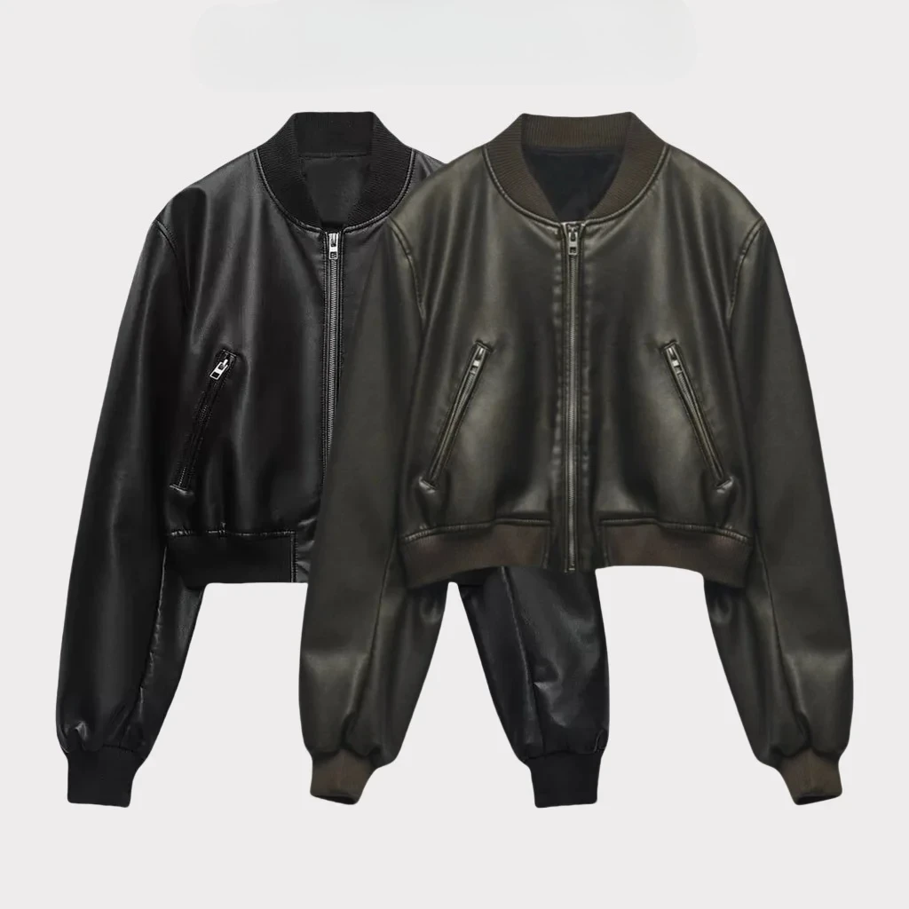 

Autumn New Hot Girl Stand Collar Distressed Faux Leather Bomber Jacket Fashion Female Commuter Leather Jackets
