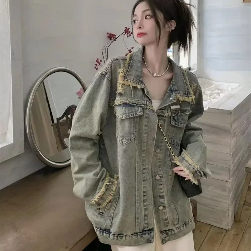 2024 New Spring Autumn Vintage Broken Hole Short Denim Jacket Leisure Coat Women's Loose Blouse Fashion Tops Large Size Outwear