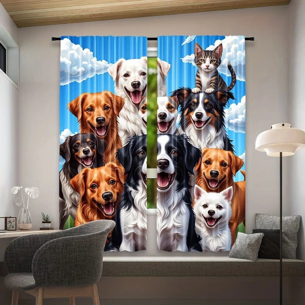 2pcs Cute Dog Cat Pet Curtains Blackout Drapes for Living Room Animal Lover Decor Cartoon Puppy Kitten Print Window Treatment