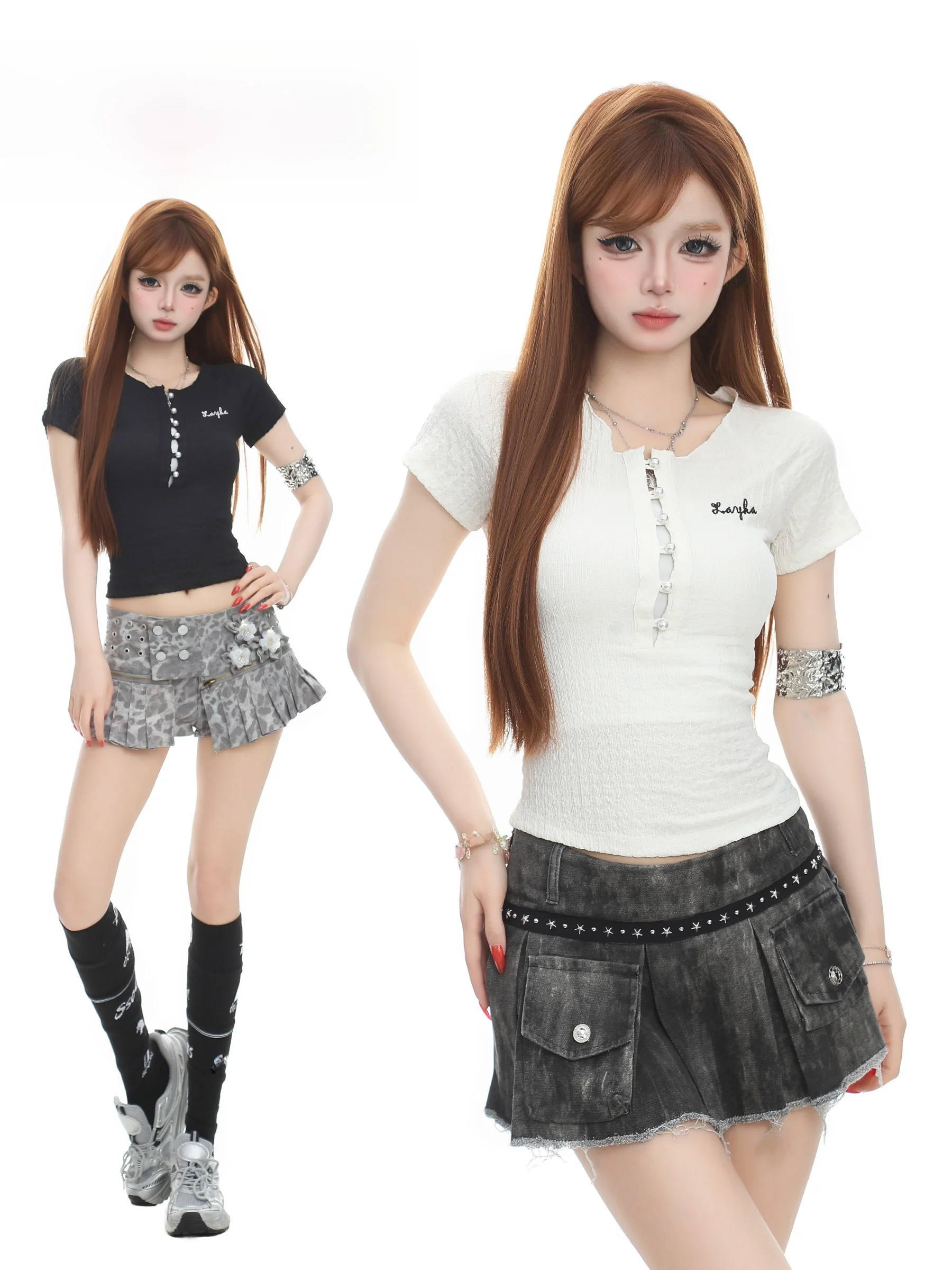 BASTERDS Pearl Button Short Sleeve Slim Fit T-Shirt Women Summer Hot Girl High Waist Design Breathable Comfortable Polyester
