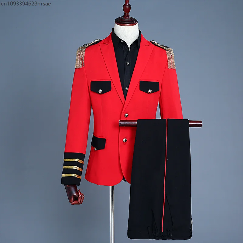 

Red Pilot Cosplay Costume Captain Officer Sailor Peacoat Suit Mens Blazer Suit Military Fringe Marching Band Jacket Uniform