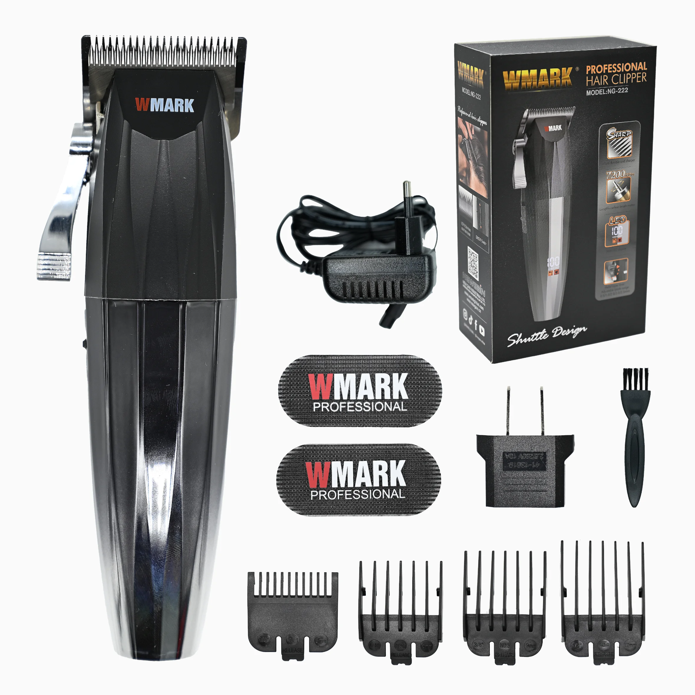 WMARK Professional Cordless Hair Clipper 7200RPM 440C Fade Blade LED Display Adjustable Lever 4 Guide Combs Barber Kit
