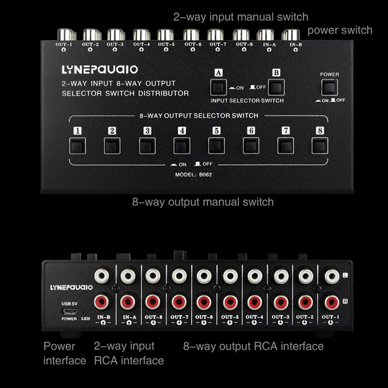 2 In 8 Out Audio Frequency Signal Selector Shift Device Support 2 Sets Mix Input And 8 Sets Output RCA Interface