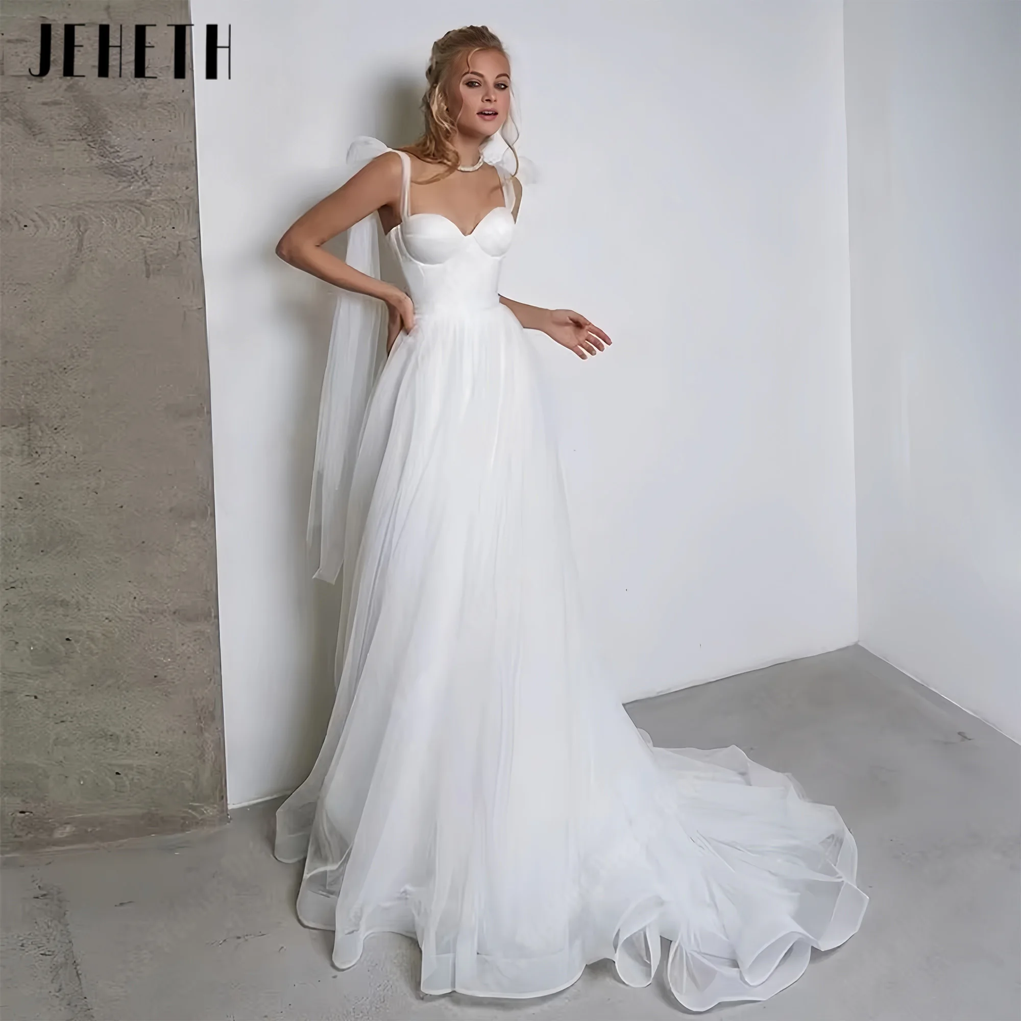 

Sweetheart Collar Women Wedding Dresses Bright Tulle A-Line Bridal Gowns Mopping Length Sleeveless Vestidos De Novias Customized