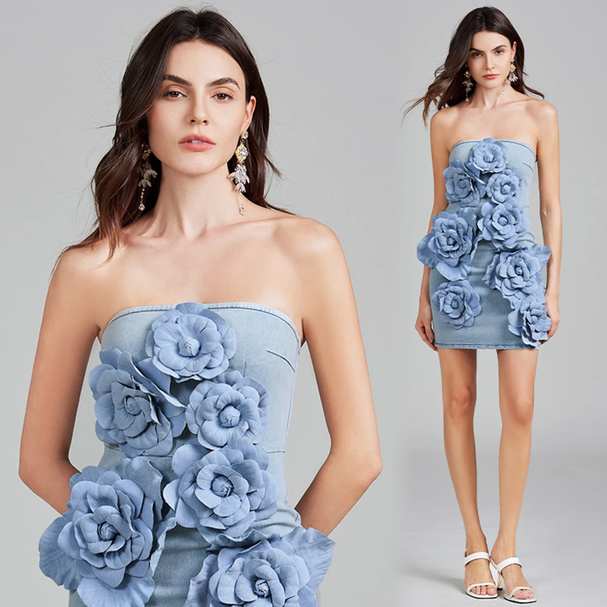 ALPHALMODA 2025 Ball Dress, Heavy Work, 3D Flower, Strapless, Stretch Denim Dress, Off-shoulder, Slim Fit, Mini Chic Dress,