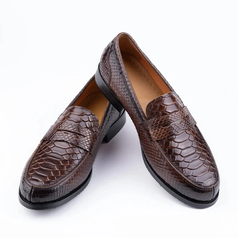 

Pop Snake Printing Leather Men Shoes Loafers Design Slip On Daily Casual Shoe Genuine Cowhide Handmade Sewing Comfortable Dress