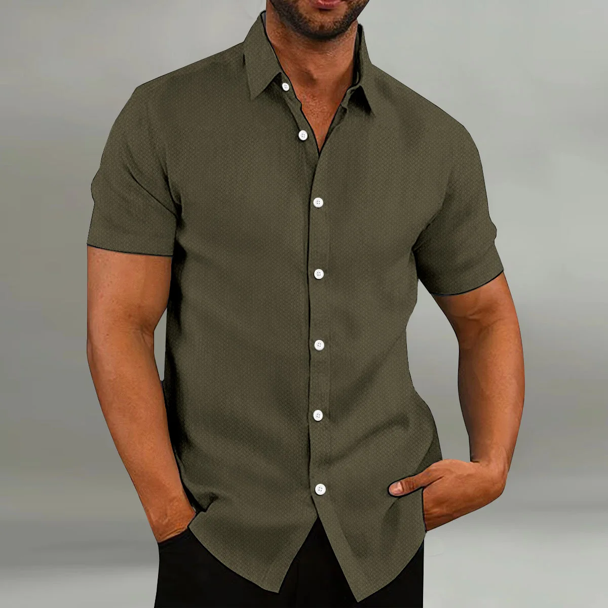 2025 New Style Men's Fashion Summer Casual Breathable Collar Solid Color Short-Sleeved Shirt