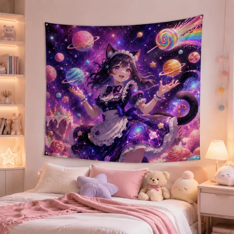 VIKAMA Cat Maid Anime Tapestry, Macaron Cake & Dessert Shop Wall Hanging, Cute Kitten and Girl Print Wall Hanging, Home Decor