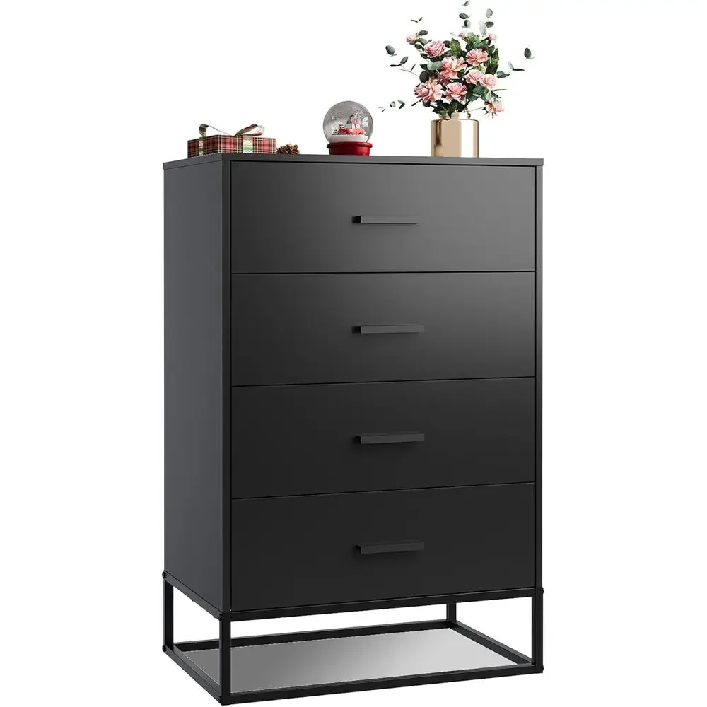 Elegant Bedroom Set with 4 Drawers, Sturdy Metal Drawers, Wooden Chest of Drawers, Living Room and Hallway Furniture