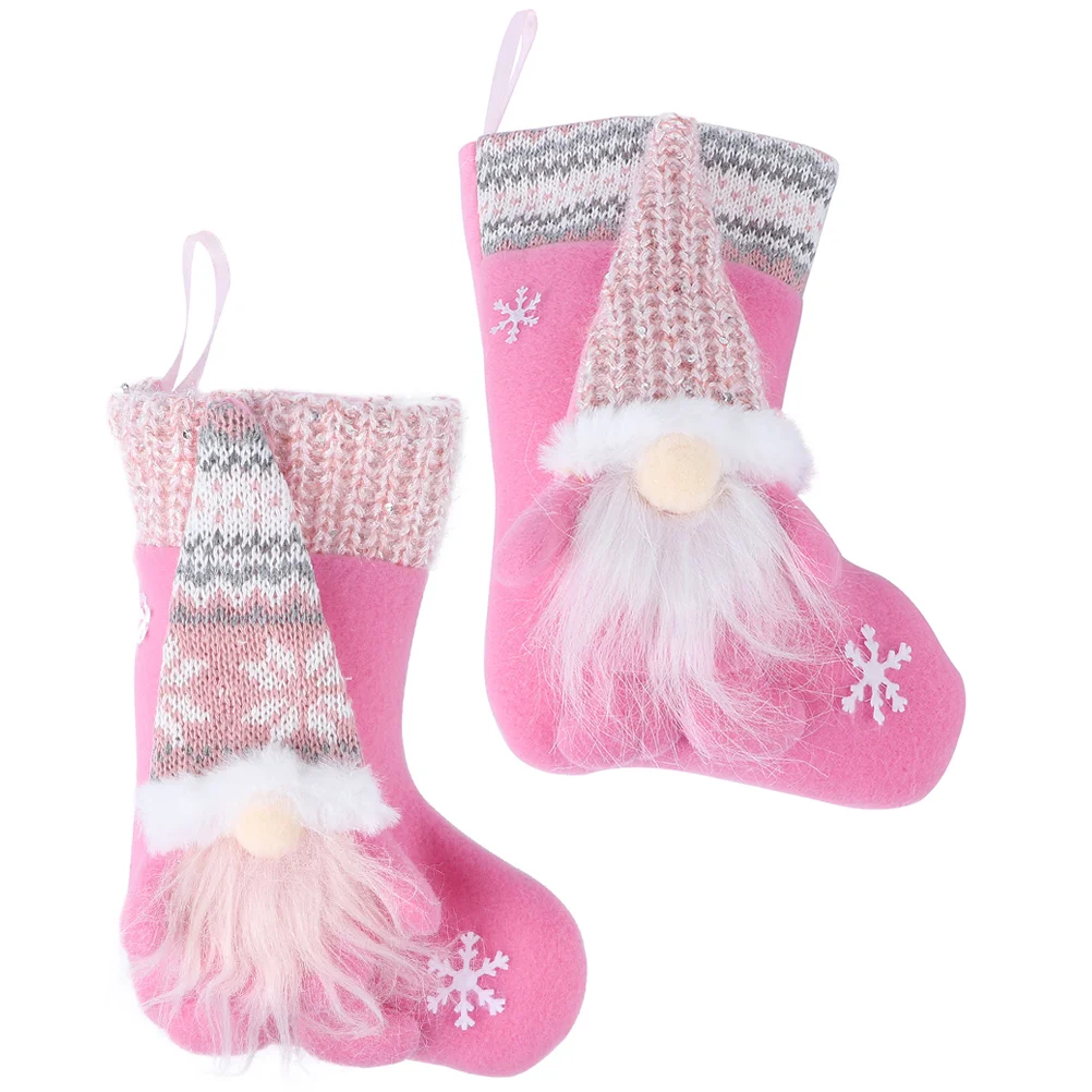 

2 Pcs Christmas Socks Faceless Pendant Fireplace Stocking Ornament Xmas Hanging Pink Festival