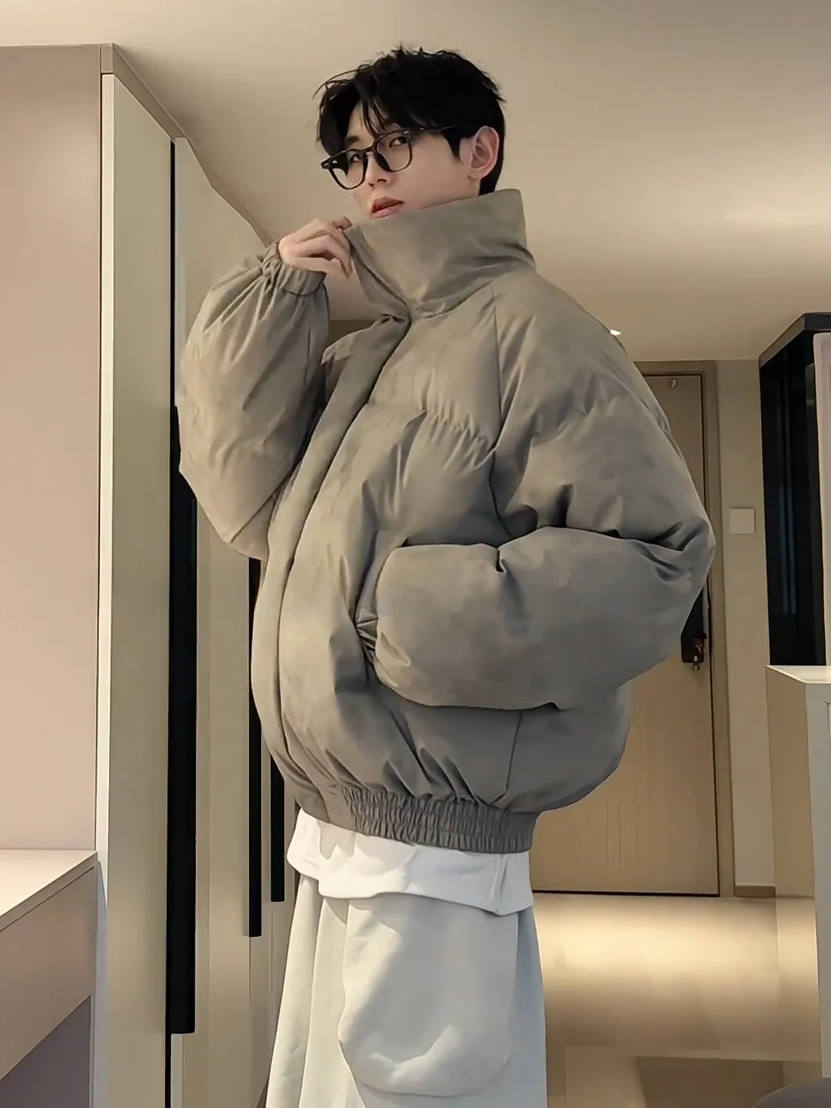 

Retro American Dir ort down Jaet Winter Thiened PU Leather Stand Collar Bread Sle Cotton Coat for Men Urban Casual