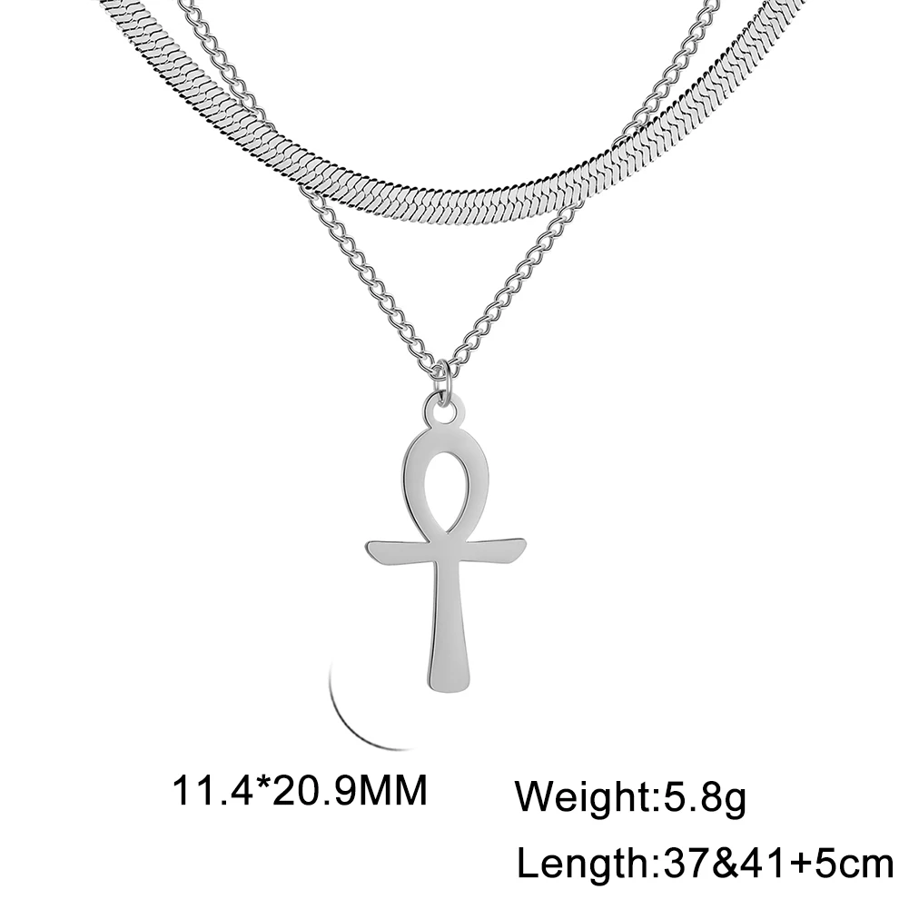 Dawapara Ankh Necklace Egypt Coptic Cross Charm Double Layer Snake Chain Stainless Steel Women Necklace Amulet Religious