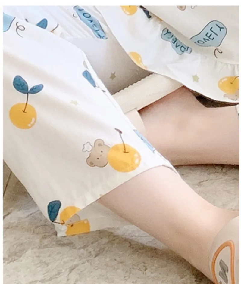 Student Long Cotton Silk Suit Crew-Neck Nine-Point Thin Breathable Comfortable Pajamas 100% Viscose Sweet Air Condition Clothes