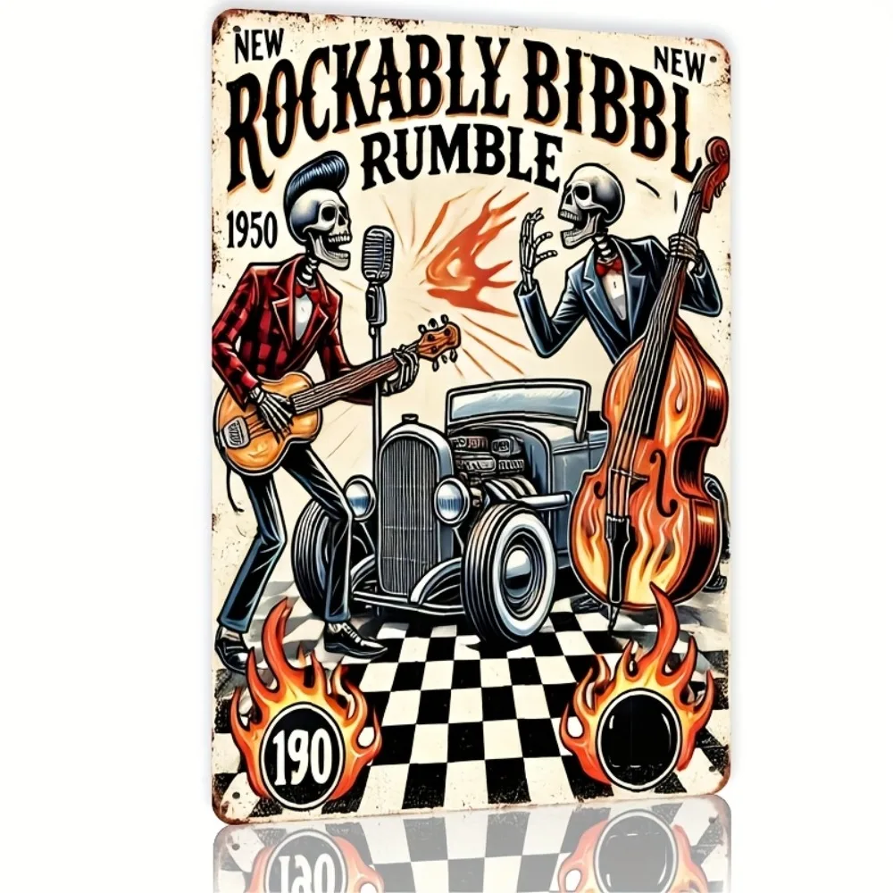 2D Flat, Retro Rockabilly Metal Tin Sign - Vintage Skeleton Band Wall Art with Guitar & Cello, Flames & Checkered Background