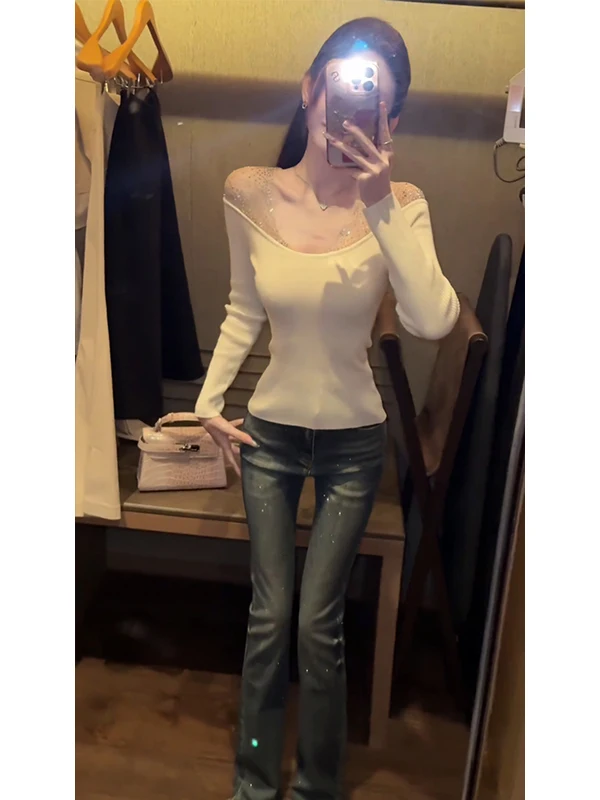 

Женская модная повседневная футболка с одним открытым плечом, украшенная стразами, с длинным рукавом, свободного кроя