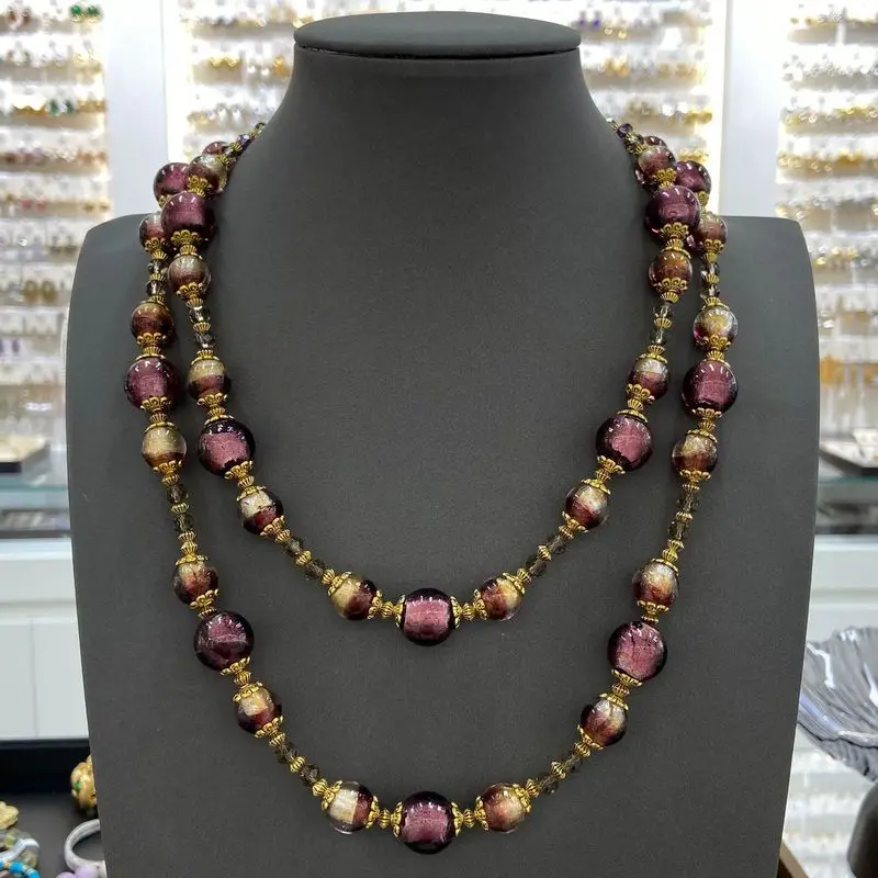 Vintage Purple Foil Glass Beaded Necklace Antique Gold Tone Double Layer Women Costume Jewelry
