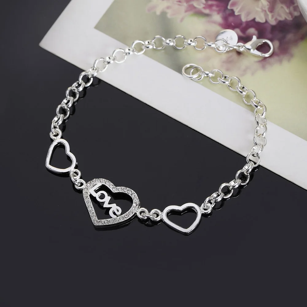 

Hot 925 sterling Silver romantic crystal LOVE heart Bracelet for Women Fashion charm Wedding Party Gift luxury designer Jewelry