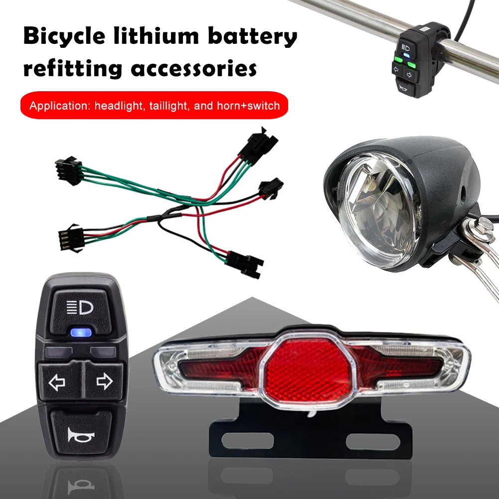 Electric Bike Front And Rear Light Set With Horn Switch Input 36V/48V Headlight And Tail Light Set For Electric Bike Accessories