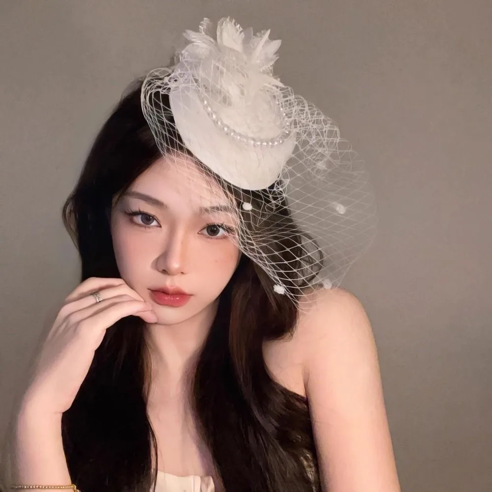 New Elegant Bridal Headwear Pearl Flower Vintage Pillbox Hats Mesh Temperament Fascinators Hat For Women view 5