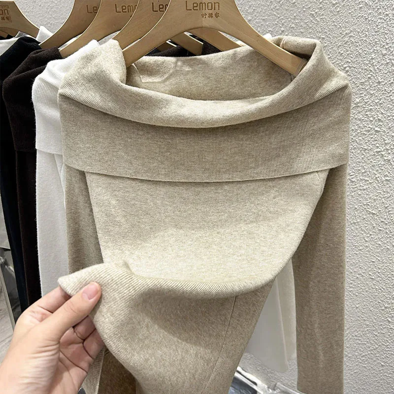 

Sweaters Fashion Black Slash Neck Knitted Sweater Women Pullovers Long Sleeve Knit Sweater Pullover Women Tops Knitwears Q1576