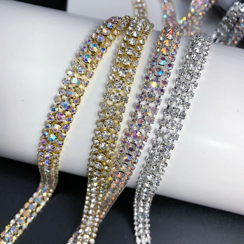 3 Rows Rhinestone Chain for Jewelry Making, Wedding Cake, Bouquet, Clothes, DIY Crocs, Silver Rhinestone Close Chain Sewing Trim