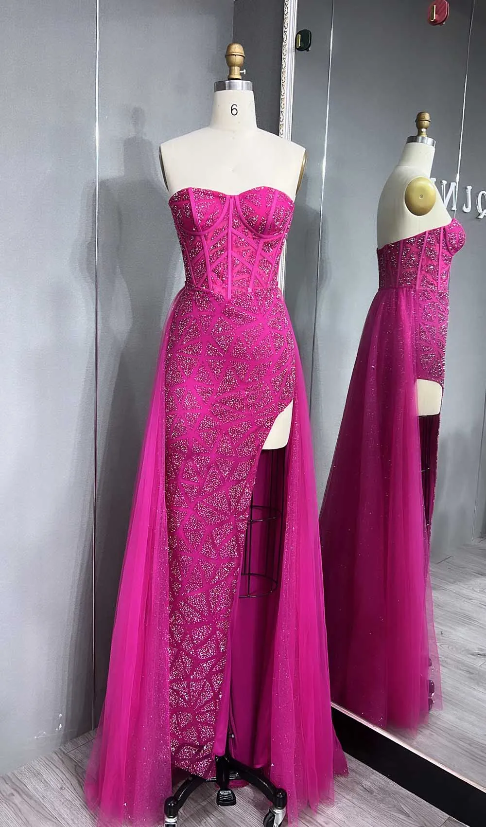 YQLNNE Glitter Pink High Slit Prom Dresses Long Strapless Tulle Mermaid Evening Gown With Removeable Train