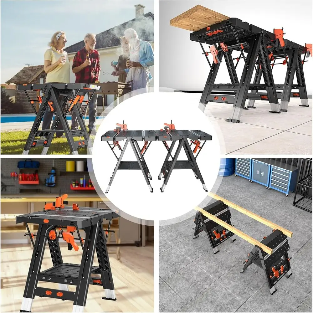 Mesa de trabajo plegable portátil combinada, banco de trabajo y caballito de sierra 2 en 1, banco de trabajo impermeable con capacidad de carga adicional con 8 carpintero