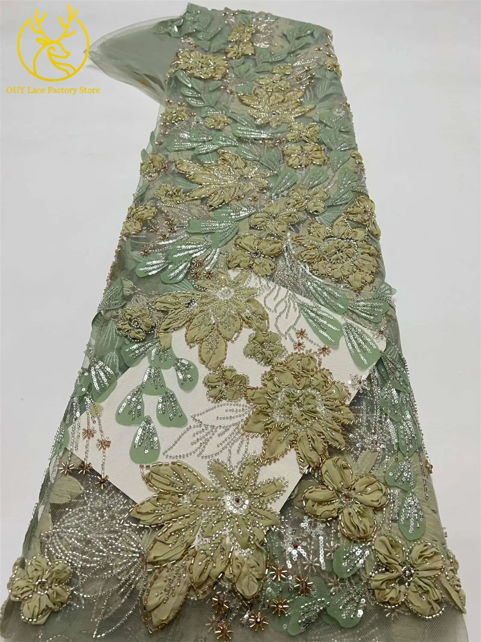 Exquisiter französischer Spitzenstoff mit Blumenstickerei und Pailletten, afrikanischer Perlen-Spitzenstoff für nigerianische Party- und Hochzeitskleider zum Nähen. – Detail 18