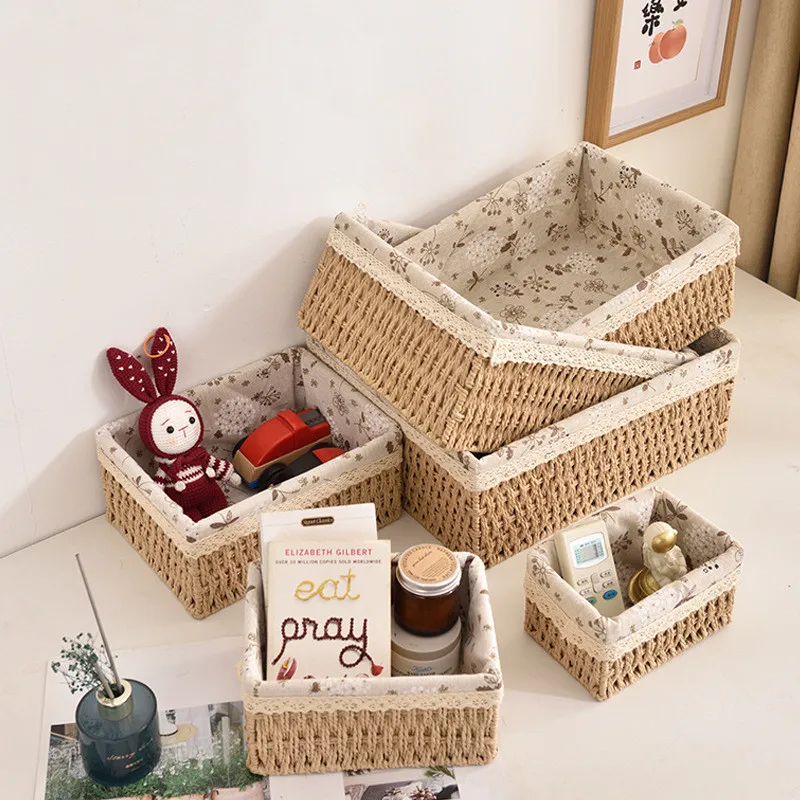 Woven Storage Baskets with Lid Handmade Rattan Box Desktop Sundries Organizer Food  Book Snack Picnic Basket Wicker Baskets