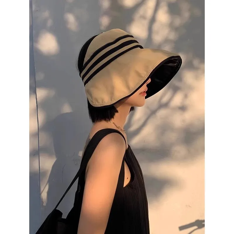 1pc Women Foldable Stripe Wide Brim Visor Hat Black Lining UV Protection Sun Hat for Outdoor Travel Daily Sun Care Use