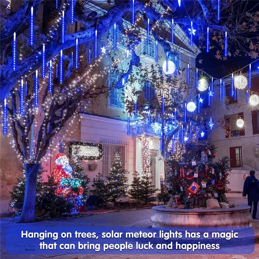 8pack 192LED Solar Meteor Shower Lights Outdoor Decorations Lights Solar Powered Falling Raindrop For Christmas Tree Party Decor