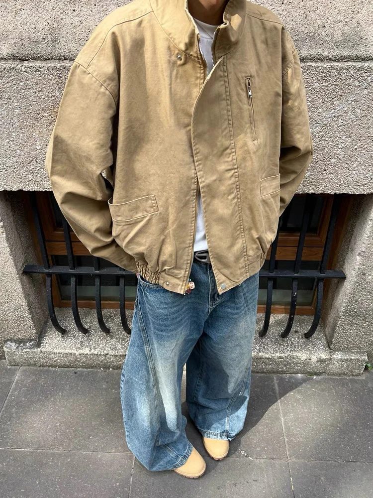 

Khaki American Retro Cleanfit Men's Flight Jaet Spring Autumn Barn Sle Workwear ort Coat Loose Fit Iron Free Treaent