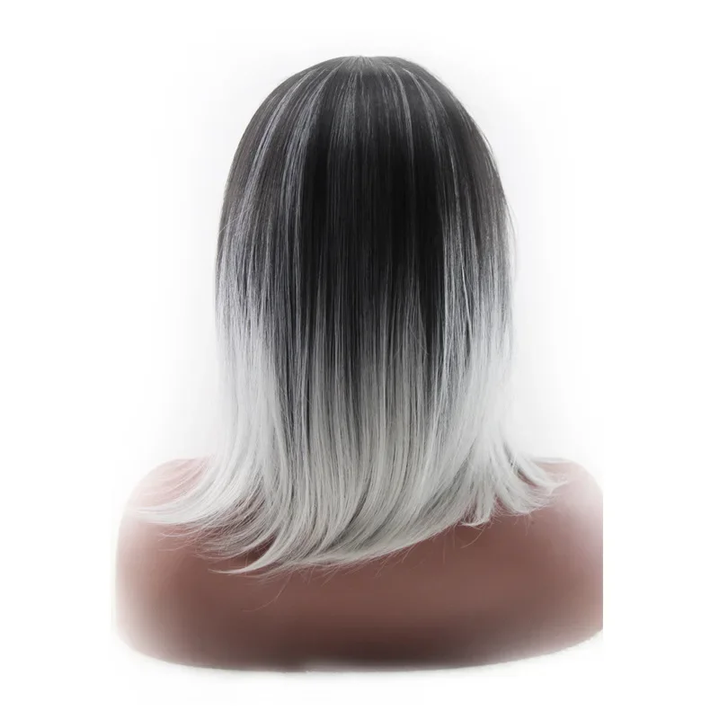 Extravagante w ombre reta bob preto cinza peruca sintética ombro comprimento médio parte cosplay festa de cabelo para mulher resistente ao calor